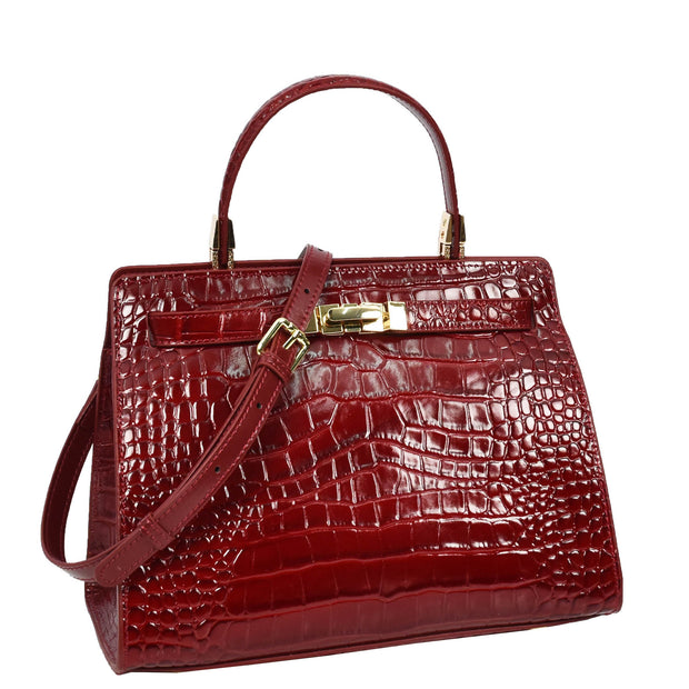 Womens Real Leather Handbag Glossy Embossed Pattern Zip Top Twin Handle Style Ophelia Burgundy