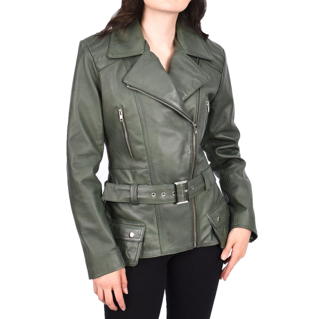 Womens Green Leather Belted Jacket Hip Length With Zip Details Sandra
