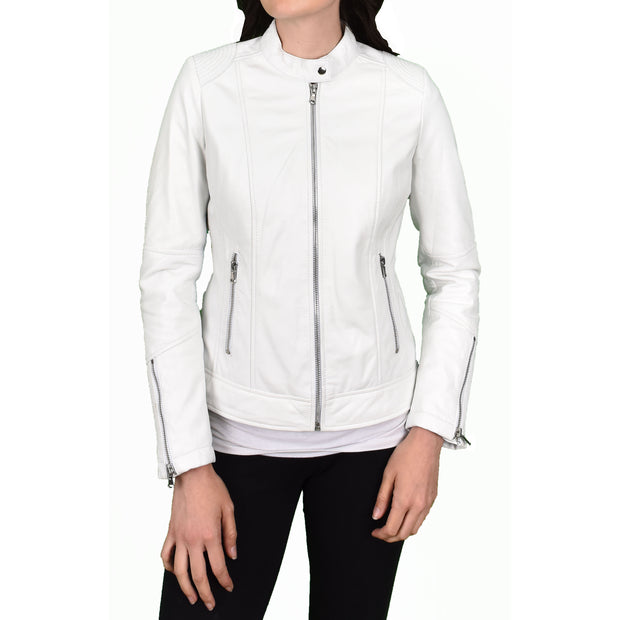 Womens Genuine Leather Biker Jacket Zip Casual Naomi White-1