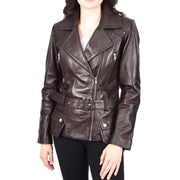 Womens Brown Leather Belted Jacket Hip Length With Zip Details Sandra