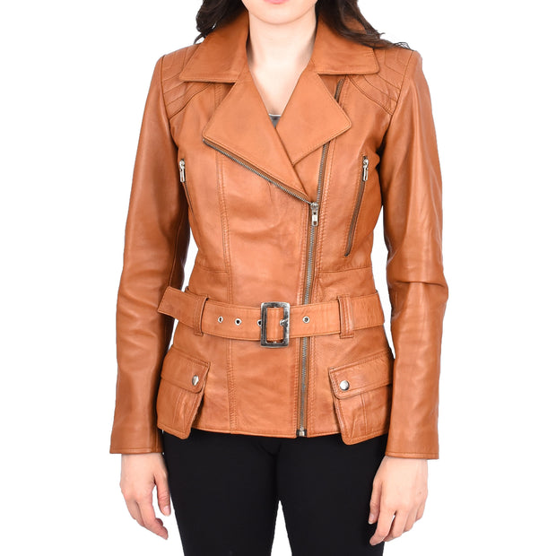 Womens Tan Leather Belted Jacket Hip Length With Zip Details Sandra