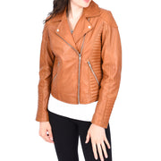Womens Designer Leather Biker Jacket Fitted Quilted Bonita Tan-1