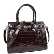 Womens Real Leather Handbag Glossy Embossed Pattern Zip Top Twin Handle Style Perry Coffee