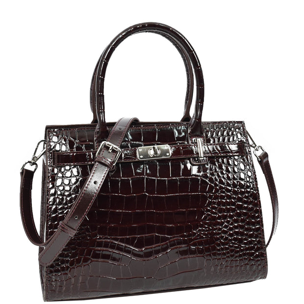 Womens Real Leather Handbag Glossy Embossed Pattern Zip Top Twin Handle Style Perry Coffee