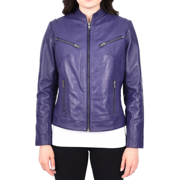 Womens Fitted Leather Biker Jacket Casual Zip Up Coat Jenny Purple-1