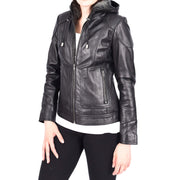 Womens Genuine Black Leather Biker Style Jacket With Removable Hood Sally