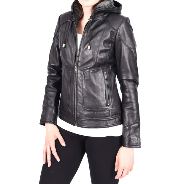 Womens Genuine Black Leather Biker Style Jacket With Removable Hood Sally