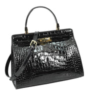 Womens Real Leather Handbag Glossy Embossed Pattern Zip Top Twin Handle Style Ophelia Black