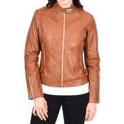 Womens Soft Tan Leather Biker Jacket Designer Stylish Fitted Quilted Celeste