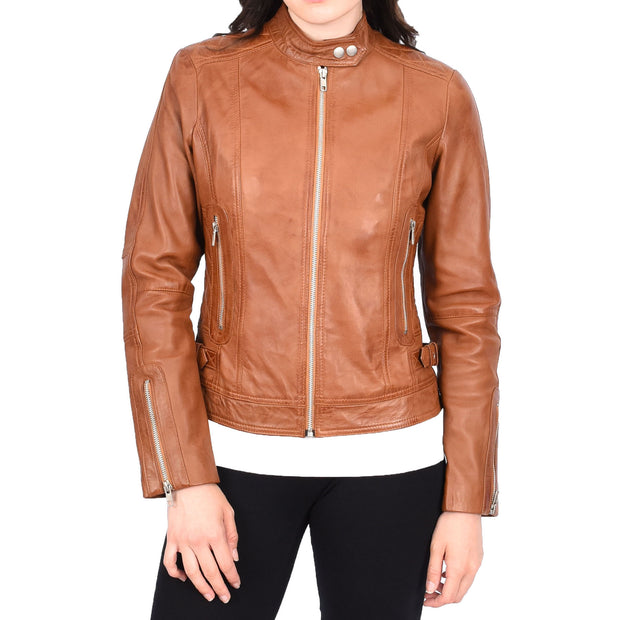 Womens Soft Tan Leather Biker Jacket Designer Stylish Fitted Quilted Celeste