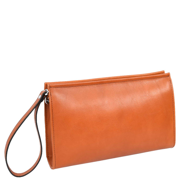 Mens Leather Wrist Clutch Bag Travel Organiser with Detachable Long Strap Murse Tan
