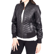 Womens Real Leather Bomber Jacket Black Diamond Quilted Fitted Varsity Storm