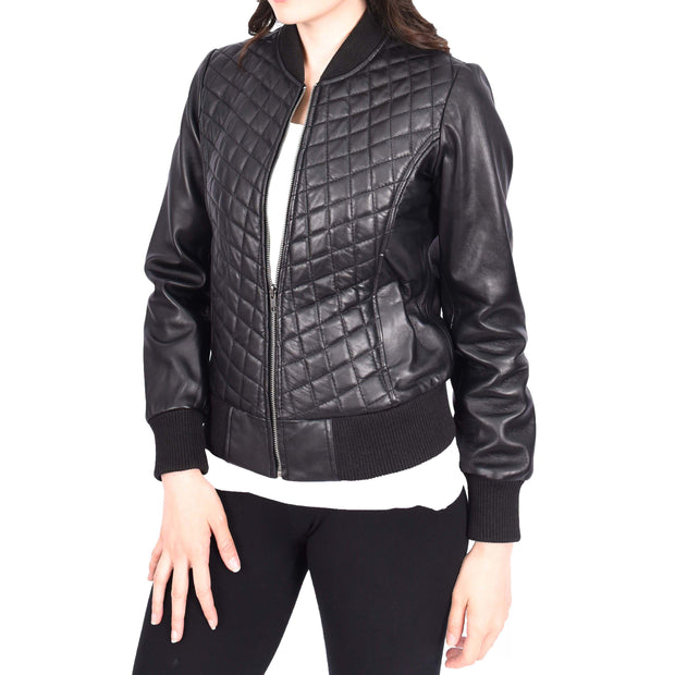 Womens Real Leather Bomber Jacket Black Diamond Quilted Fitted Varsity Storm