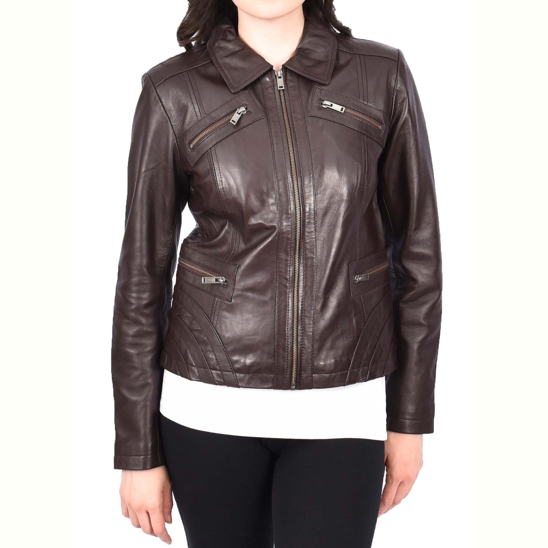 Ladies Soft Leather Jacket Fitted Collared Zip Fasten Biker Style Leah Brown