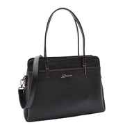 Genuine Leather Shoulder Bag Womens Multi Pockets Croc Trim Fashion Handbag A597 Black