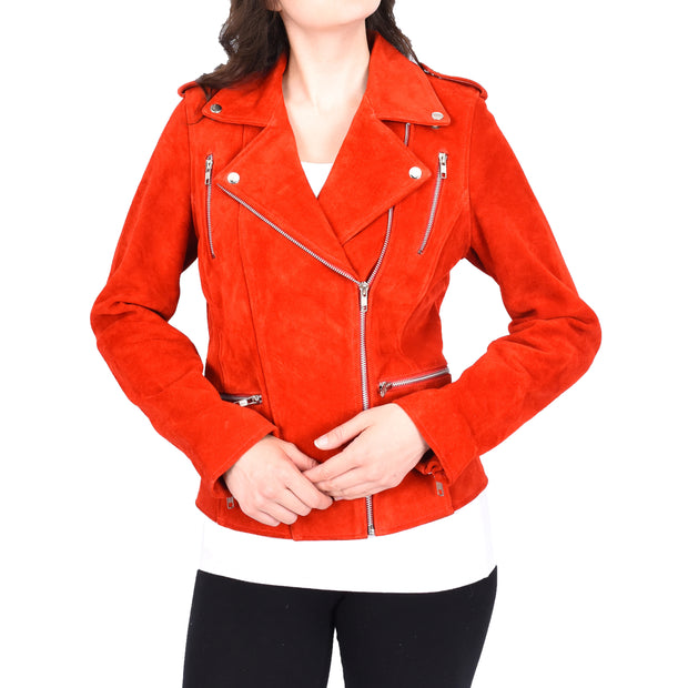 Womens Genuine Red Suede Biker Jacket - Rusty