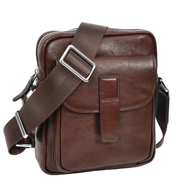 Mens Genuine Leather Cross Body Bag Small Size Flight Messenger Travel Bag Lucky Brown