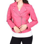Womens Designer Leather Biker Jacket Fitted Quilted Bonita Pink-1