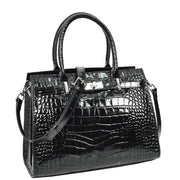 Womens Real Leather Handbag Glossy Embossed Pattern Zip Top Twin Handle Style Perry Black