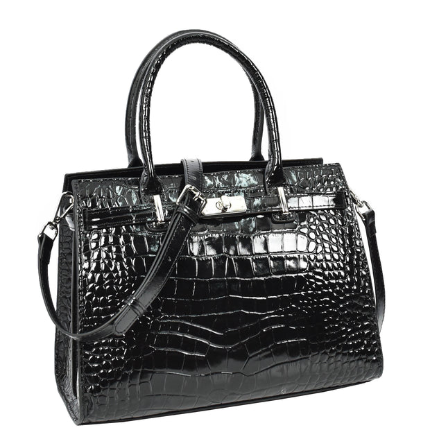 Womens Real Leather Handbag Glossy Embossed Pattern Zip Top Twin Handle Style Perry Black