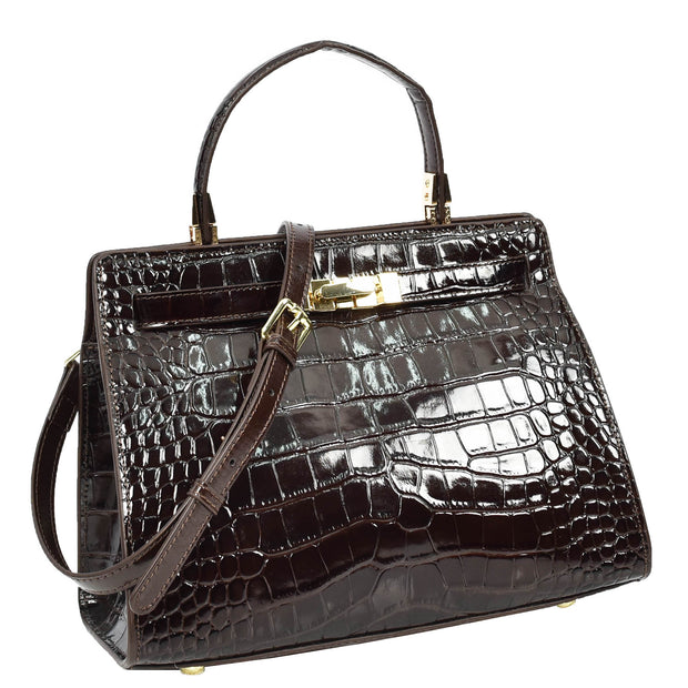 Womens Real Leather Handbag Glossy Embossed Pattern Zip Top Twin Handle Style Ophelia Coffee