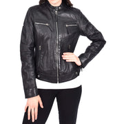 Womens Soft Leather Biker Jacket Black Casual Fitted Trendy Stylish Zoe