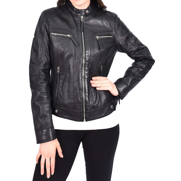 Womens Soft Leather Biker Jacket Black Casual Fitted Trendy Stylish Zoe