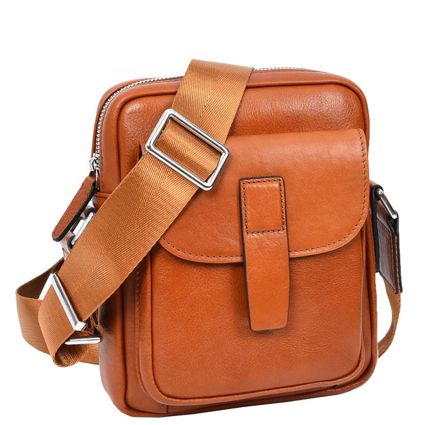Mens Genuine Leather Cross Body Bag Small Size Flight Messenger Travel Bag Lucky Tan