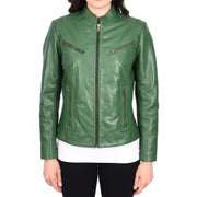 Womens Fitted Leather Biker Jacket Casual Zip Up Coat Jenny Green-1