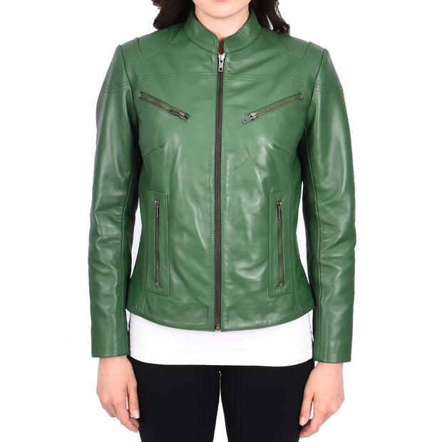 Womens Fitted Leather Biker Jacket Casual Zip Up Coat Jenny Green-1