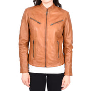 Womens Fitted Leather Biker Jacket Casual Zip Up Coat Jenny Tan-1
