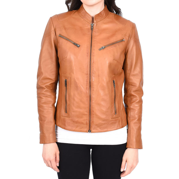Womens Fitted Leather Biker Jacket Casual Zip Up Coat Jenny Tan-1