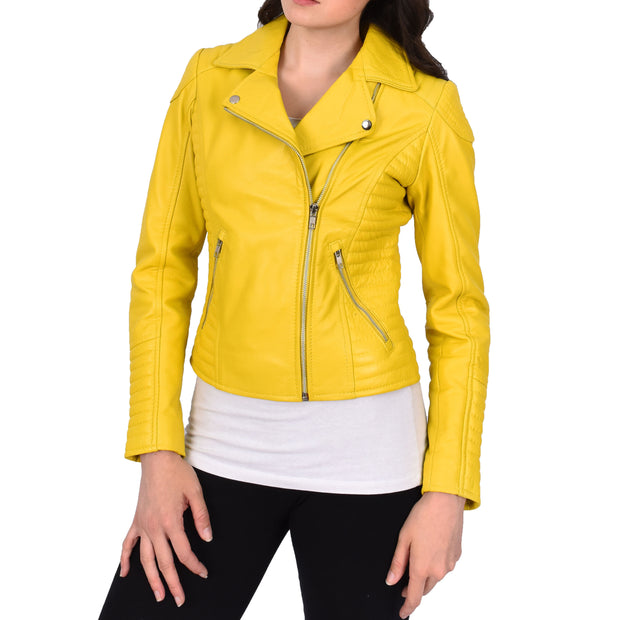 Womens Designer Leather Biker Jacket Fitted Quilted Bonita Yellow-1