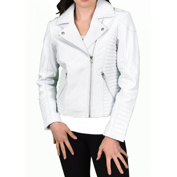 Womens Designer Leather Biker Jacket Fitted Quilted Bonita White-1