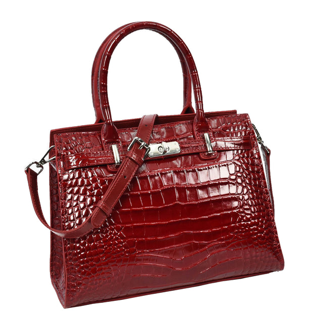 Womens Real Leather Handbag Glossy Embossed Pattern Zip Top Twin Handle Style Perry Red