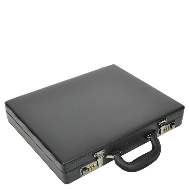 Classic Attache Case Black Faux Leather Dual Lock Slim Line Briefcase Bag Major