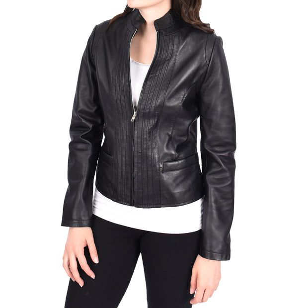Womens Soft Black Leather Biker Jacket Stand-Up Band Collar Bliss