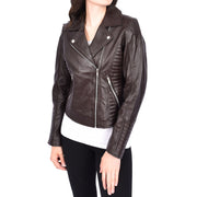 Womens Designer Leather Biker Jacket Fitted Quilted Bonita Brown-1