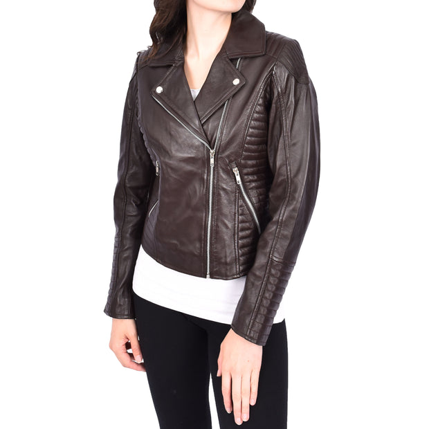 Womens Designer Leather Biker Jacket Fitted Quilted Bonita Brown-1