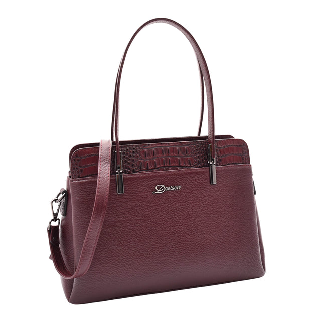 Genuine Leather Shoulder Bag Womens Multi Pockets Croc Trim Fashion Handbag A597 Bordo