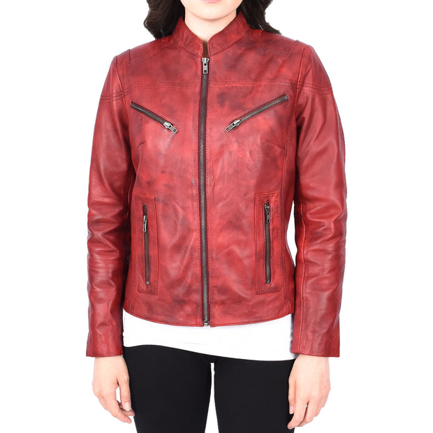 Womens Fitted Leather Biker Jacket Casual Zip Up Coat Jenny Dirty Red-1