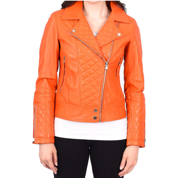 Womens Real Leather Jacket Orange Fitted Quilted Trendy Biker Style Bonnie-1