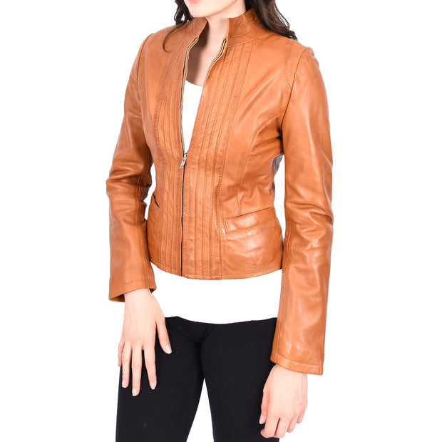 Womens Soft Cognac Leather Biker Jacket Stand-Up Band Collar Bliss
