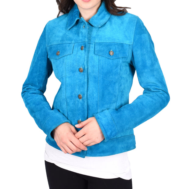 Womens Suede Trucker Jacket Teal Blue American Western Style Marisa