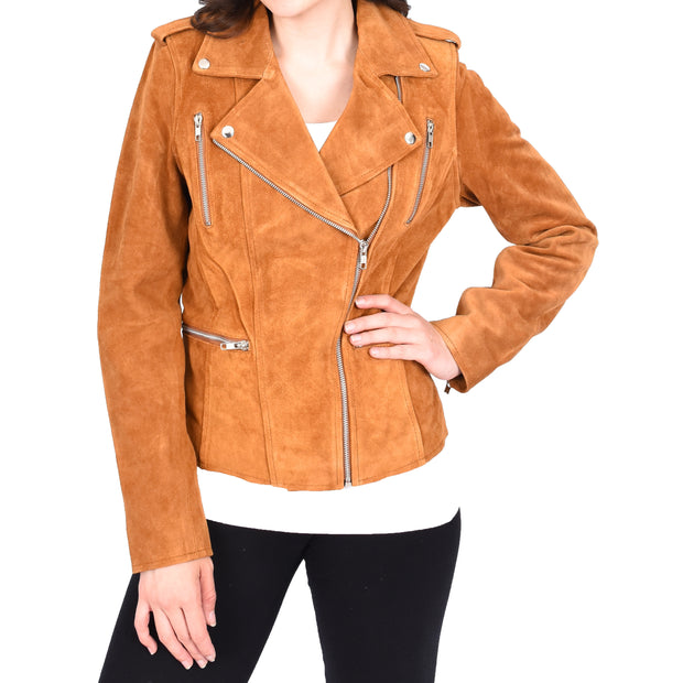 Womens Genuine X-Zip Fitted Biker Tan Suede Leather Jacket Rusty