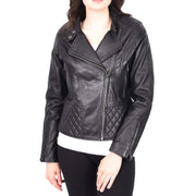 Trendy Black Leather Biker Jacket For Women Quilted Fitted Band Collar Penny
