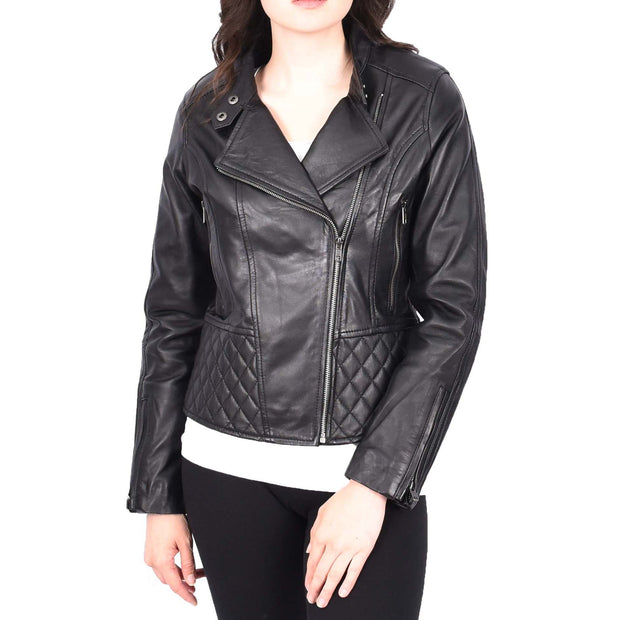 Trendy Black Leather Biker Jacket For Women Quilted Fitted Band Collar Penny