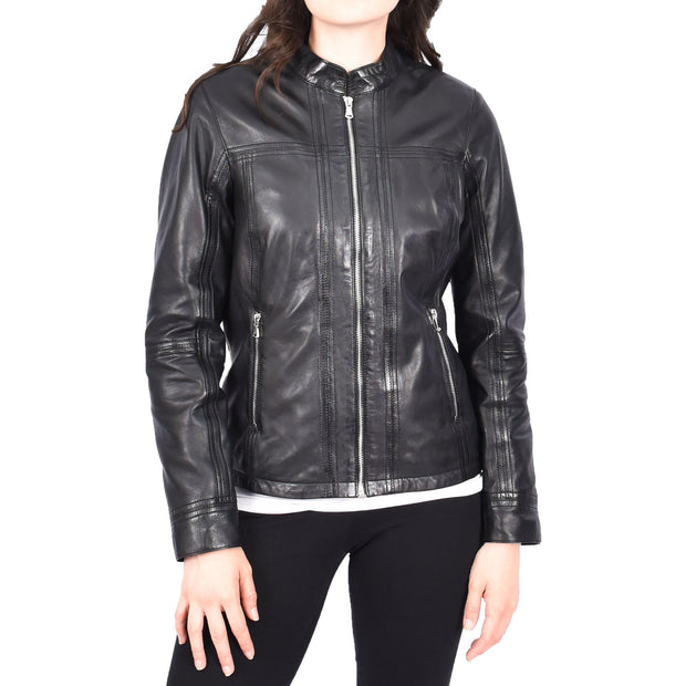 Womens Soft Leather Biker Jacket Fitted Zip Fasten Band Collar Casual Style Mia Black