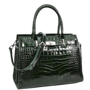 Womens Real Leather Handbag Glossy Embossed Pattern Zip Top Twin Handle Style Perry Green