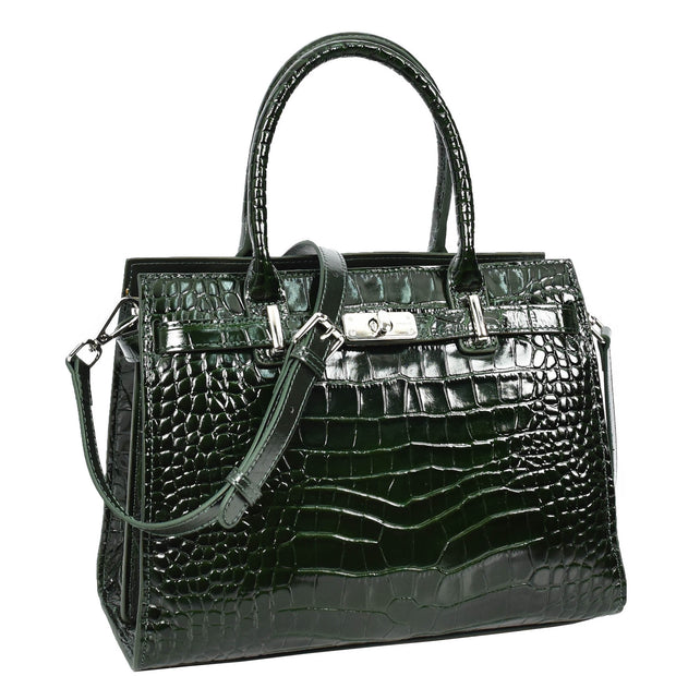 Womens Real Leather Handbag Glossy Embossed Pattern Zip Top Twin Handle Style Perry Green